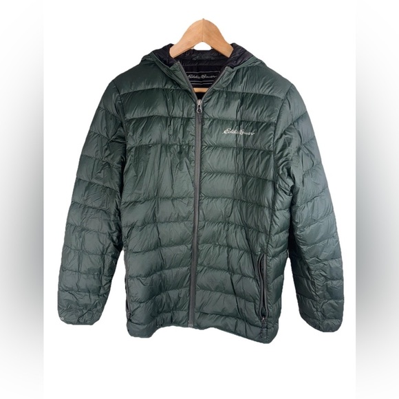 Eddie Bauer EB650 Mens Hooded Down Puffer Jacket Size S Green Zip Front Pockets - Picture 1 of 14